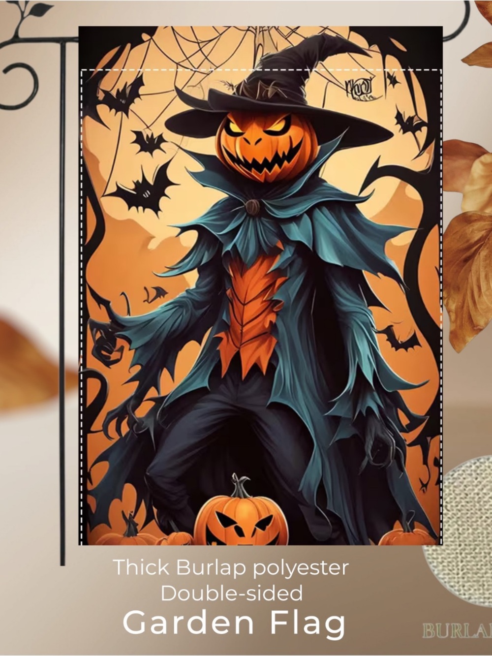 Halloween Pumpkin Scarecrow Garden Flag, approx 12”x18”, burlap